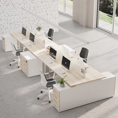 comprar Mesa de personal para ocho personas con pantalla de separación y gabinetes de archivos en estilo de madera MFC Mesa lateral Opción Soporte de personalización online manufacture