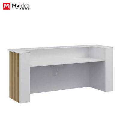Scratch Resistant Wooden Grille and White Mountain Patterned Rock Slab Front Desk Customizable Lobby Reception Support
