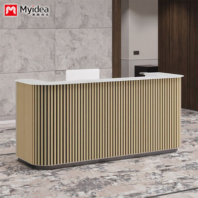 Scratch Resistant Wooden Grille and White Mountain Patterned Rock Slab Front Desk Customizable Lobby Reception Support