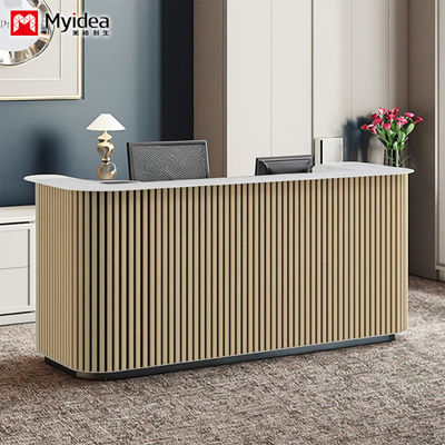 Scratch Resistant Wooden Grille and White Mountain Patterned Rock Slab Front Desk Customizable Lobby Reception Support