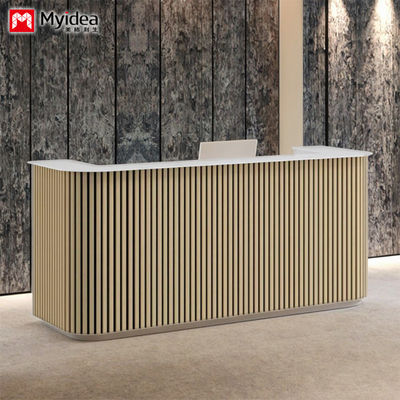 Scratch Resistant Wooden Grille and White Mountain Patterned Rock Slab Front Desk Customizable Lobby Reception Support