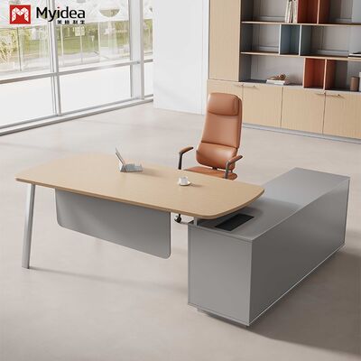 Myidea Solid Wood L-Shaped Executive Desk with Sub Cabinet and Multiple Steel Feet for Office Building