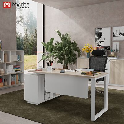 Myidea Solid Wood L-Shaped Executive Desk with Sub Cabinet and Multiple Steel Feet for Office Building