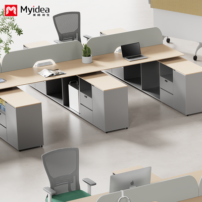 comprar Escritorio de personal con múltiples personas, pantalla de pie de acero, estación de trabajo del personal, cuatro personas con gabinete auxiliar largo, escritorio de computadora online manufacture