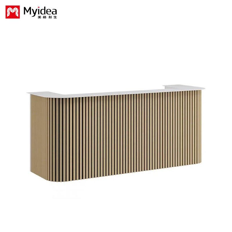 Scratch Resistant Wooden Grille and White Mountain Patterned Rock Slab Front Desk Customizable Lobby Reception Support