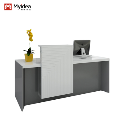 Mostrador frontal brillante pintado de blanco, diseño moderno, mostrador frontal de lujo ligero, vestíbulo de hotel comercial, mostrador de caja y recepción