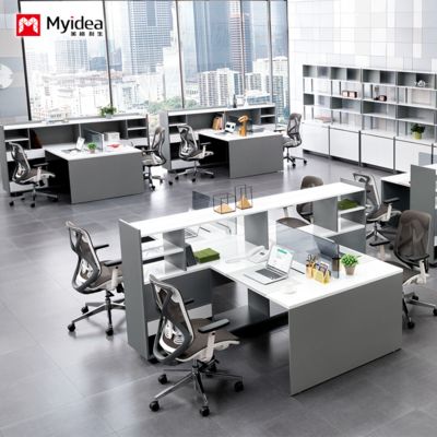 Escritorio de almacenamiento de gran capacidad personalizable con gabinete, diseño de escritorio de computadora para oficina de 2 y 4 personas, partición de pantalla, escritorio para personal